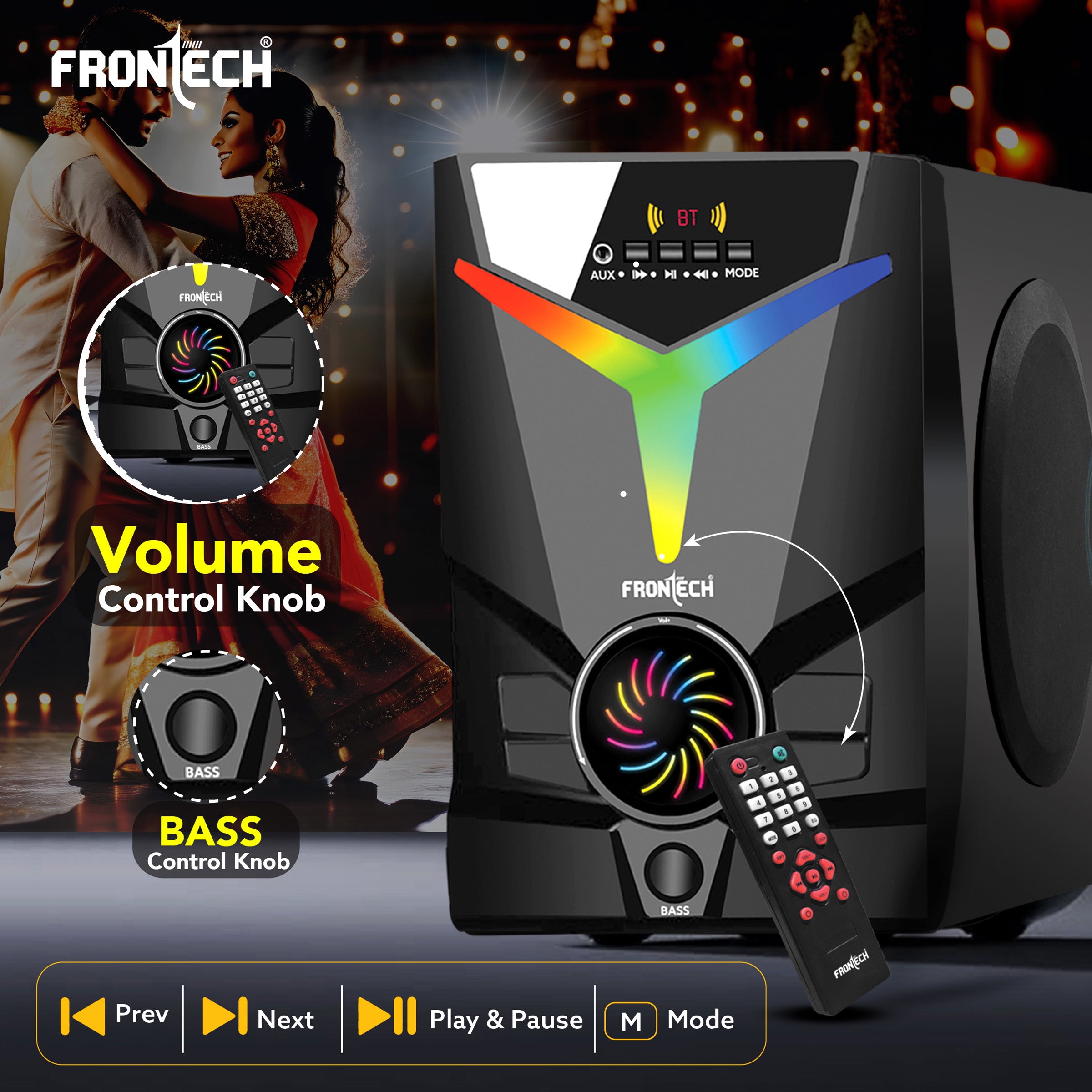 FRONTECH 60W Bluetooth 5.0 Multimedia Speaker| Powerful Bass | 4.1 Channel |Surround Sound System | USB | AUX | FM Radio | Wireless Remote Control for Home & Office (SW-0155) FRONTECH 60W Bluetooth 5.0 Multimedia Speaker| Powerful Bass | 4.1 Channel |Surround Sound System | USB | AUX | FM Radio | Wireless Remote Control for Home & Office (SW-0155)